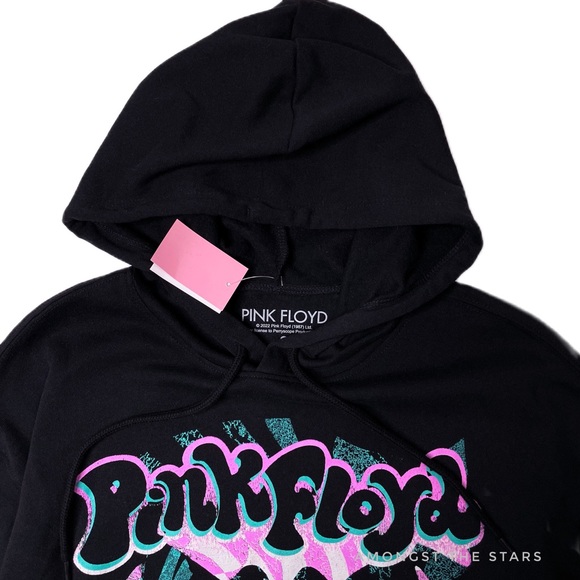 Pink Floyd Psychedelic Print Black Drawstring Band Hoodie - Picture 3 of 7